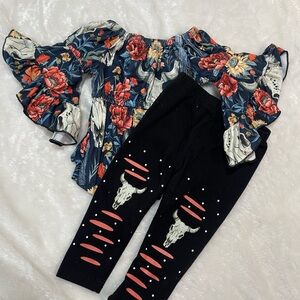 Floral and Bull Skull Kids  Set - Black and Multicolor
